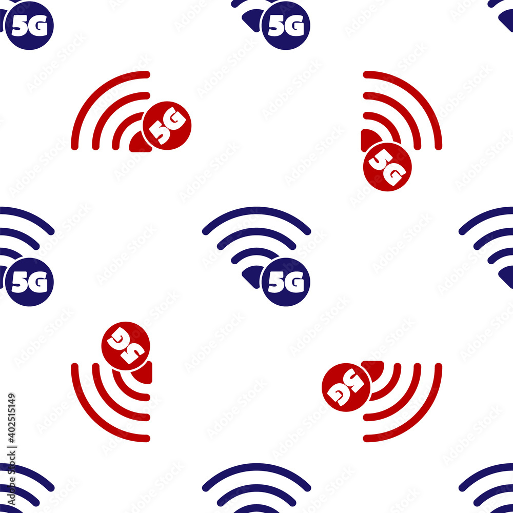 Blue and red 5G new wireless internet wifi connection icon isolated seamless pattern on white background. Global network high speed connection data rate technology. Vector. Blue and red 5G new wireless internet wifi connection icon isolated seamless pattern on white background. Global network high speed connection data rate technology. Vector.