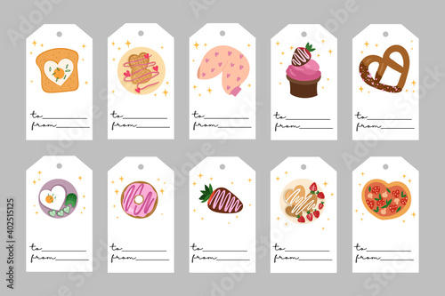 Valentine's Day templates. Romatic labels with love food. All tags are isolated. Vector hand drawn illustration.