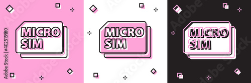 Set Micro Sim Card icon isolated on pink and white, black background. Mobile and wireless communication technologies. Network chip electronic connection. Vector.