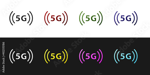 Set 5G new wireless internet wifi connection icon isolated on black and white background. Global network high speed connection data rate technology. Vector.