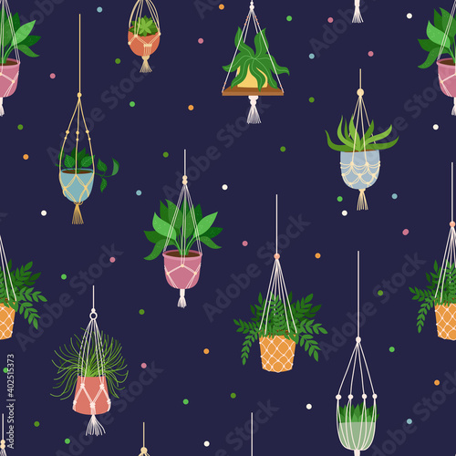 Scandinavian macrame plant seamless pattern. Boho home interior decor. Isolated on dark background. Vector hand drawn illustration.