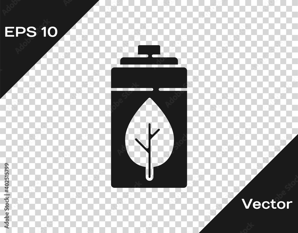 Black Eco nature leaf and battery icon isolated on transparent background. Energy based on ecology saving concept. Vector. Black Eco nature leaf and battery icon isolated on transparent background. Energy based on ecology saving concept. Vector.