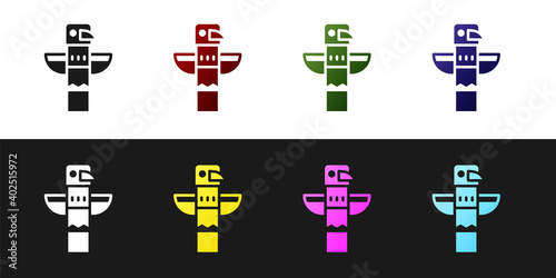 Set Canadian totem pole icon isolated on black and white background. Vector.