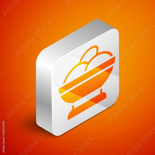 Isometric Varenyky in a bowl icon isolated on orange background. Pierogi, varenyky, dumpling, pelmeni, ravioli. Traditional Ukrainian food. Silver square button. Vector.