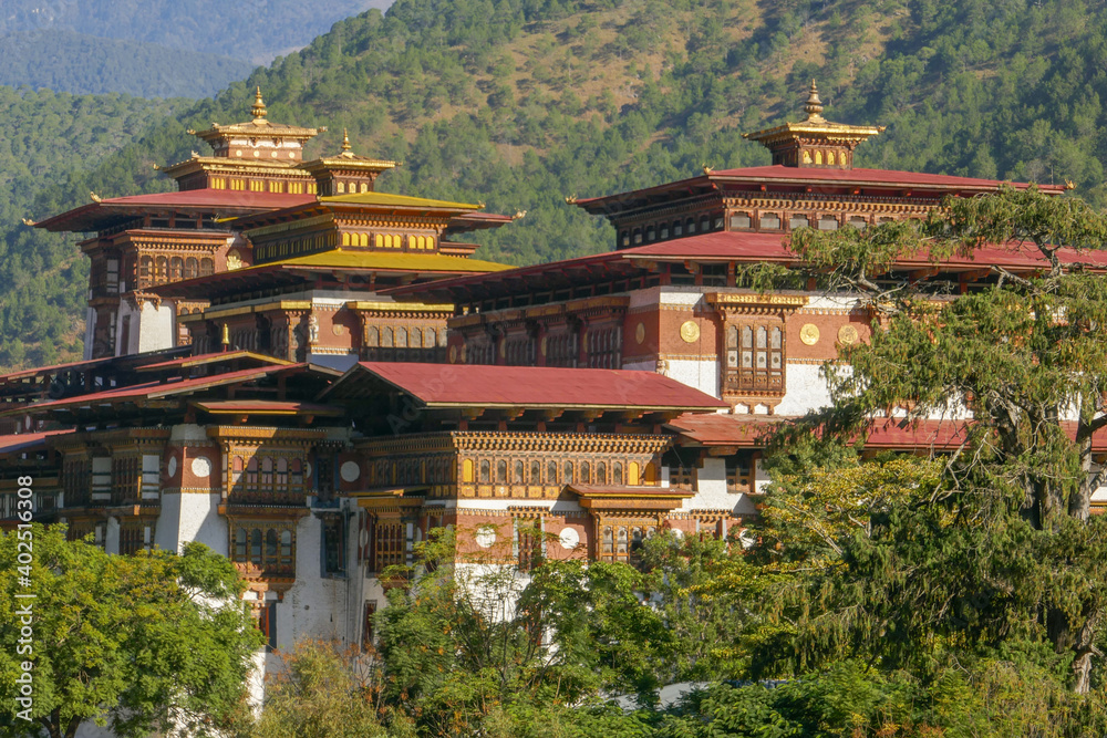 Exterior view of majestic of Punakha dzong in Western Bhutan winter residence of the Je Khenpo among the trees
Exterior view of majestic of Punakha dzong in Western Bhutan winter residence of the Je Khenpo among the trees