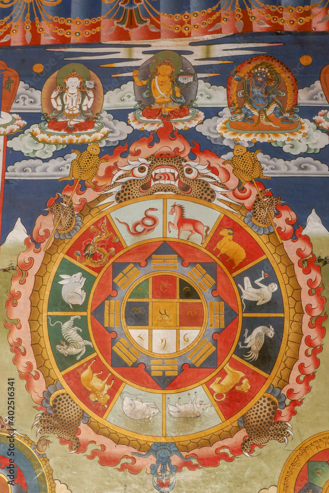 Colorful mural painting of protection mandala with the twelve zodiac animals of astrology in Punakha dzong, Western Bhutan