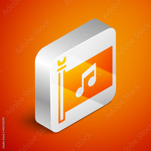 Isometric Music festival, access, flag, music note icon isolated on orange background. Silver square button. Vector.