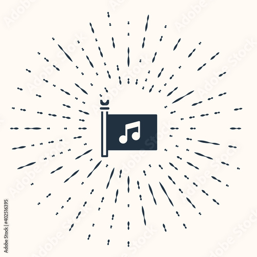 Grey Music festival, access, flag, music note icon isolated on beige background. Abstract circle random dots. Vector.