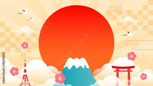 Japan travel background vector illustration. Mount Fuji with big sun on gold modern pattern background. flat design 