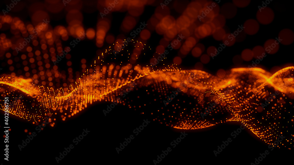 Sound Wave Vizualisation concept. Music audio frequencies represented as High Tech Futuristic Particle Waves. Abstract background. 3D render Sound Wave Vizualisation concept. Music audio frequencies represented as High Tech Futuristic Particle Waves. Abstract background. 3D render