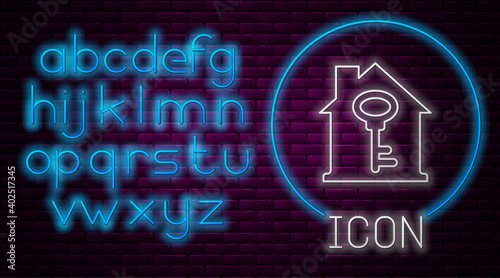 Glowing neon line House with key icon isolated on brick wall background. The concept of the house turnkey. Neon light alphabet. Vector.