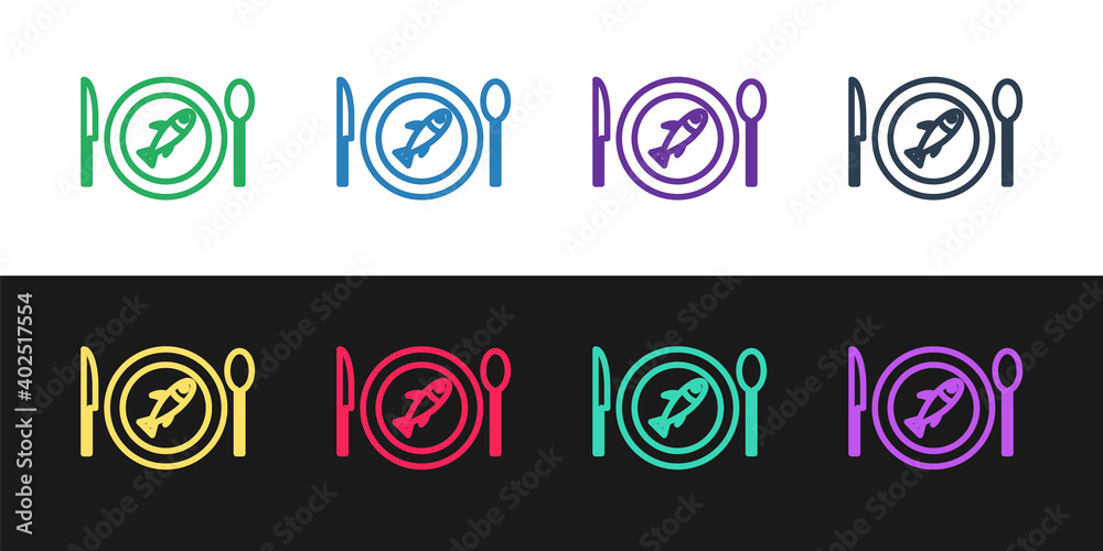 Set line Served fish on a plate icon isolated on black and white background. Vector..