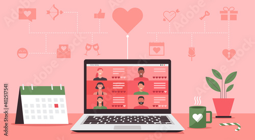 online dating service website, concept of long distance relationship and virtual love on social networking on laptop screen with love icons, vector flat illustration