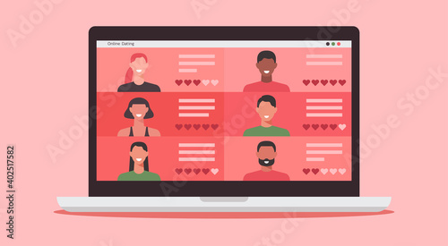 online dating service website, concept of people with long distance relationship and virtual love on social networking on laptop computer screen, vector flat illustration