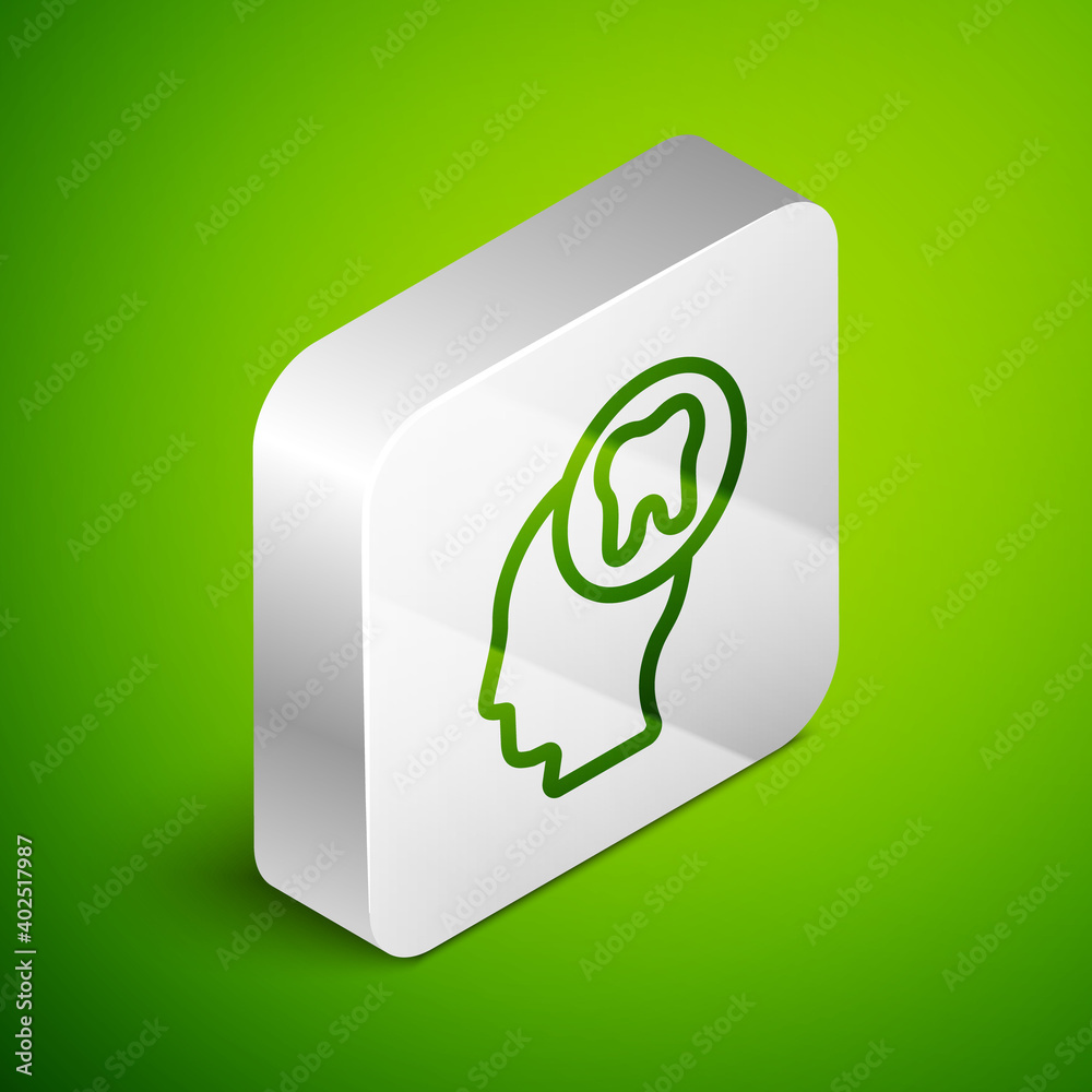 Isometric line Human head with tooth icon isolated on green background. Tooth symbol for dentistry clinic or dentist medical center and toothpaste package. Silver square button. Vector. Isometric line Human head with tooth icon isolated on green background. Tooth symbol for dentistry clinic or dentist medical center and toothpaste package. Silver square button. Vector.