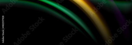 Dynamic motion abstract background. Color blurred stripes on black. Wave liquid lines poster. Vector illustration