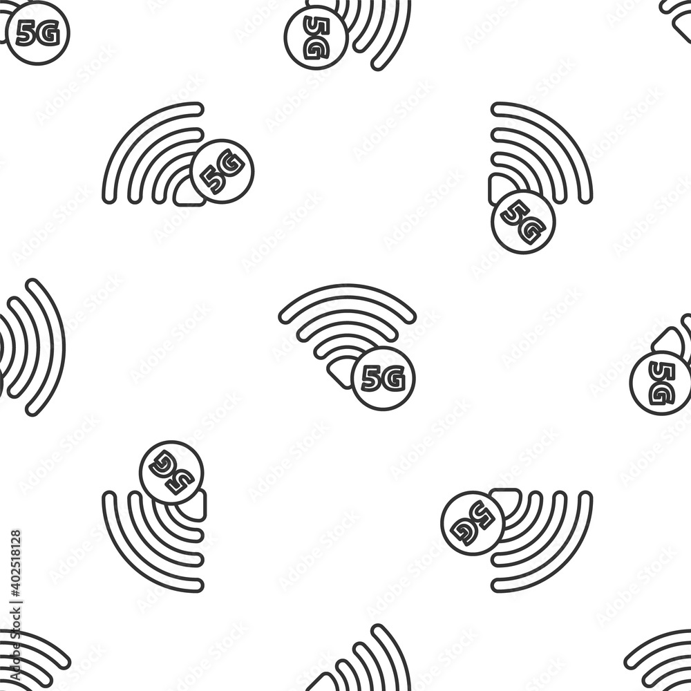 Grey line 5G new wireless internet wifi connection icon isolated seamless pattern on white background. Global network high speed connection data rate technology. Vector. Grey line 5G new wireless internet wifi connection icon isolated seamless pattern on white background. Global network high speed connection data rate technology. Vector.