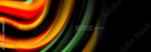 Dynamic motion abstract background. Color blurred stripes on black. Wave liquid lines poster. Vector illustration