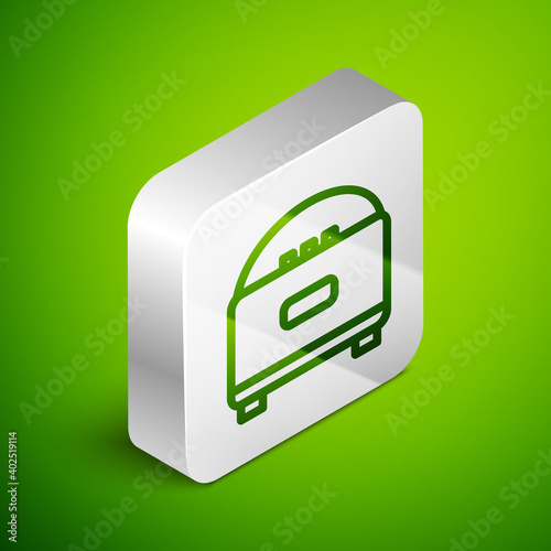 Isometric line Stereo speaker icon isolated on green background. Sound system speakers. Music icon. Musical column speaker bass equipment. Silver square button. Vector.
