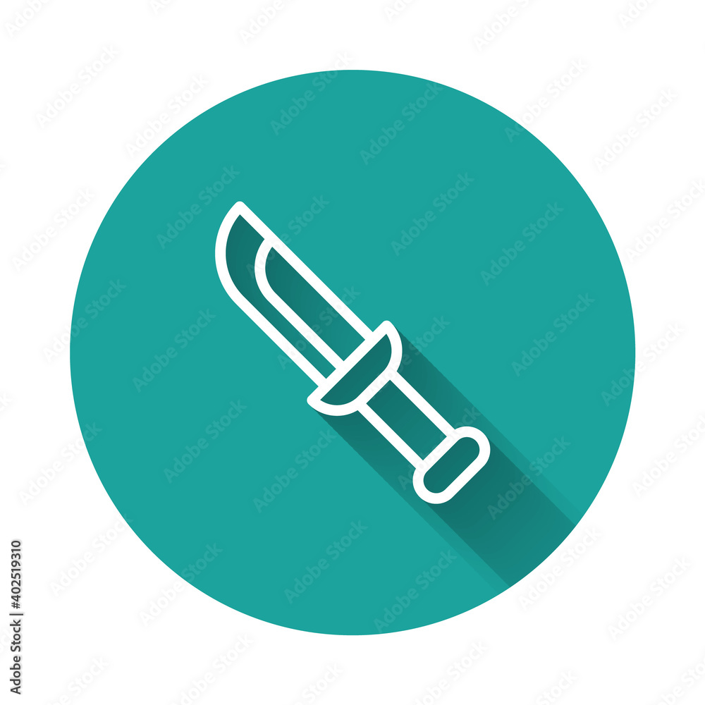 White line Military knife icon isolated with long shadow. Green circle button. Vector. White line Military knife icon isolated with long shadow. Green circle button. Vector.