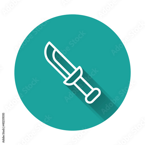 White line Military knife icon isolated with long shadow. Green circle button. Vector.