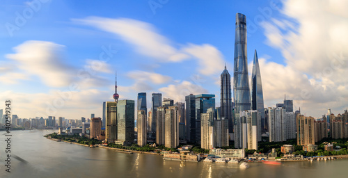 long exposure of Magnificent evening view of Lujiazui city architectural scenery along Huangpu river in Shanghai  China
