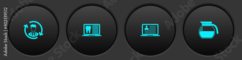 Set Human resources, Laptop with dental card, resume and Coffee pot icon. Vector.