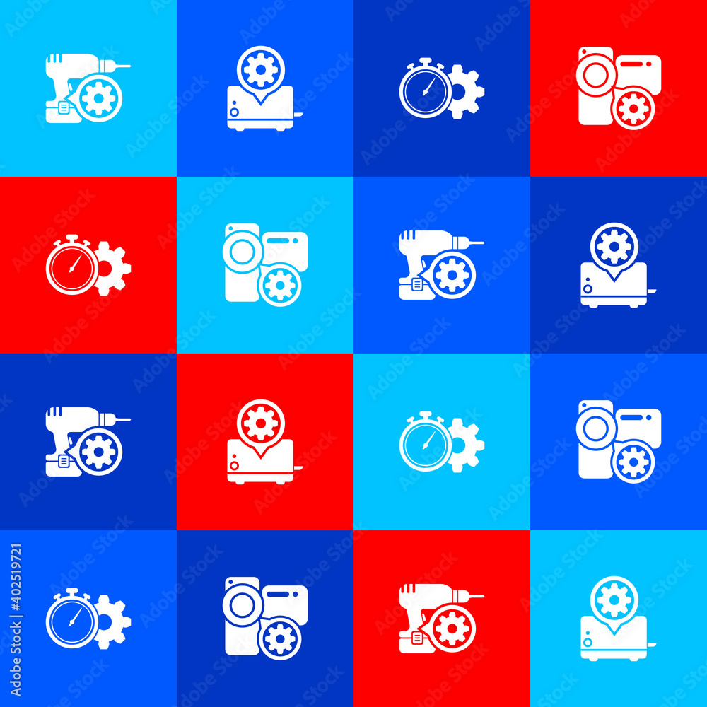 Set Drill machine setting, Toaster, Time management and Video camera icon. Vector. Set Drill machine setting, Toaster, Time management and Video camera icon. Vector.