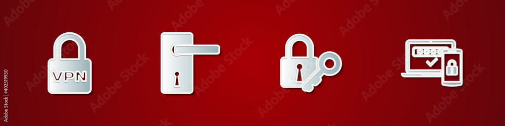 Set Lock VPN, Door handle, key and Two steps authentication icon. Vector. Set Lock VPN, Door handle, key and Two steps authentication icon. Vector.