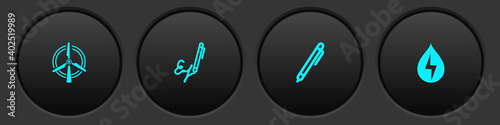 Set Rotating wind turbine, Signature, Pen and Water energy icon. Vector.
