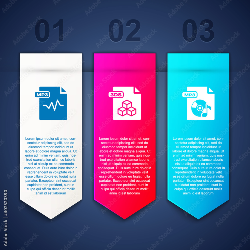 Set MP3 file document, 3DS and . Business infographic template. Vector. Set MP3 file document, 3DS and . Business infographic template. Vector.