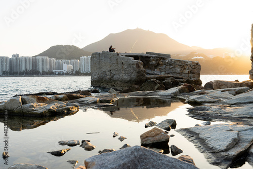 Foto Beautiful sunset view in lei yue mun, a classic fishing village in Hong Kong