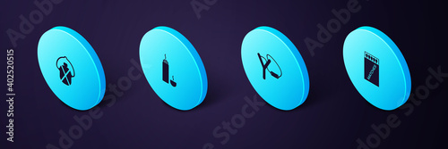 Set Isometric Open matchbox and matches, Slingshot, Thermos container and Canteen water bottle icon. Vector.