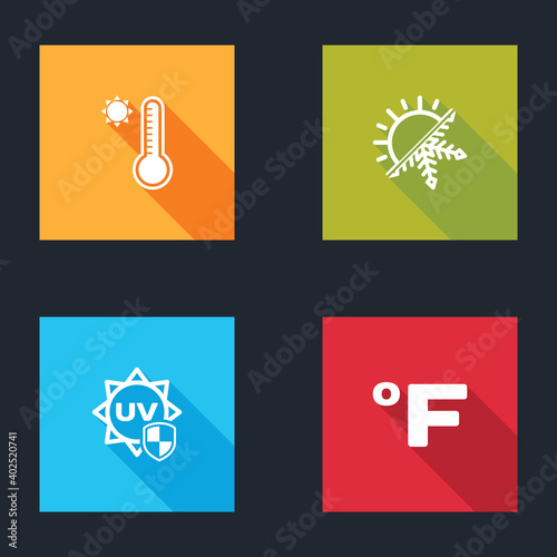 Set Meteorology thermometer, Sun and snowflake, UV protection and Fahrenheit icon. Vector.