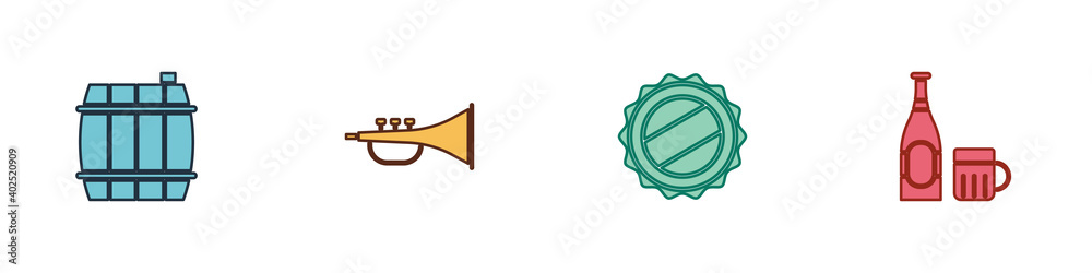 Set Wooden barrel, Musical instrument trumpet, Bottle cap and Beer bottle and glass icon. Vector.