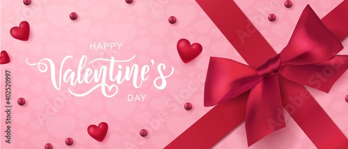 Happy Valentine's Day hand lettering typography with realistic looking gift boxes and hearts. Vector design for greeting cards, banner, poster template. Celebration illustration. 