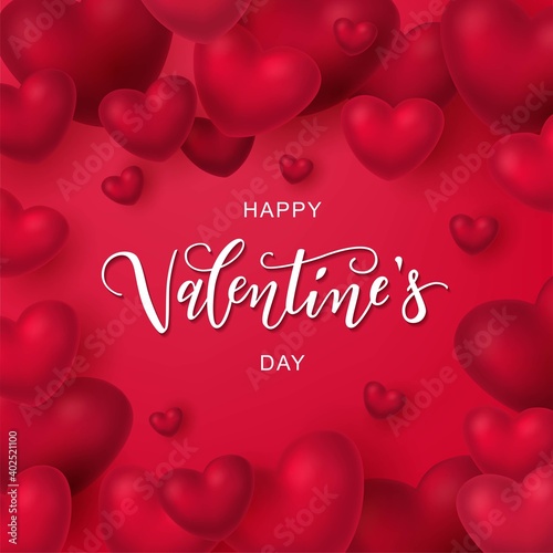 Happy Valentine's day text, hand lettering typography poster on red gradient background. Vector illustration. Romantic quote postcard, card, invitation, banner template.