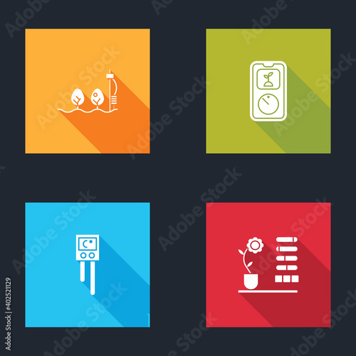 Set Standalone sensor and plant, Smart farming technology, Temperature humidity and Flower status icon. Vector.