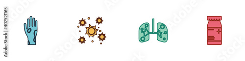 Set Hand with psoriasis or eczema, Bacteria, Lungs and Medicine bottle pills icon. Vector.