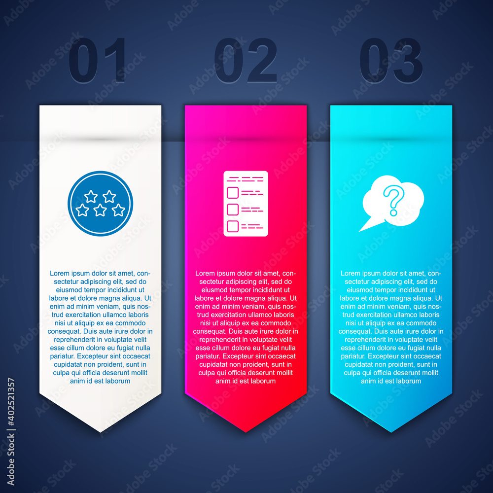 Set Five stars rating review, Create account screen on mobile and Speech bubble Question. Business infographic template. Vector. Set Five stars rating review, Create account screen on mobile and Speech bubble Question. Business infographic template. Vector.