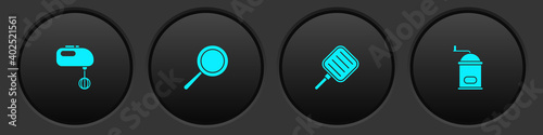 Set Electric mixer, Frying pan, and Manual coffee grinder icon. Vector.