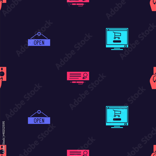 Set Shopping cart on computer, Hanging sign with Open, Bank check and and Hand holding money on seamless pattern. Vector.