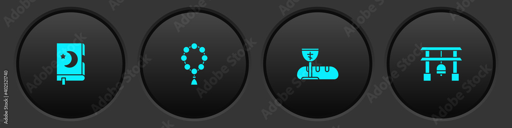 Set Holy book of Koran, Rosary beads religion, First communion symbols and Japan Gate icon. Vector. Set Holy book of Koran, Rosary beads religion, First communion symbols and Japan Gate icon. Vector.
