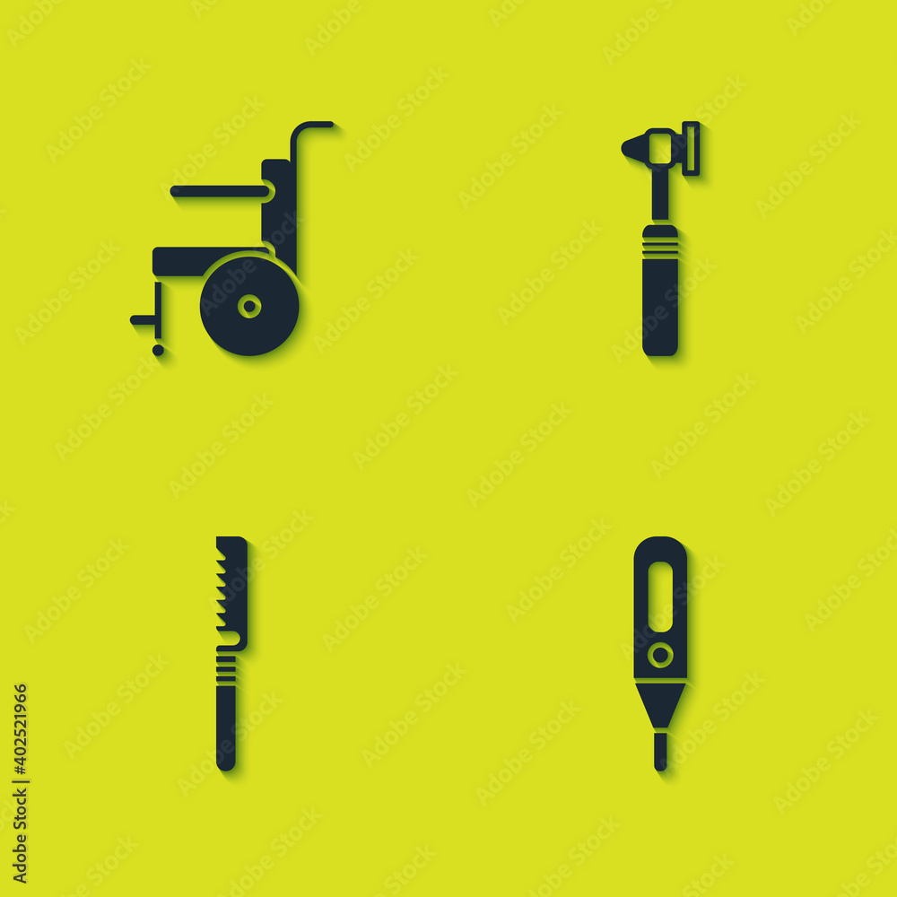 Set Wheelchair for disabled person, Medical digital thermometer, saw and otoscope tool icon. Vector.