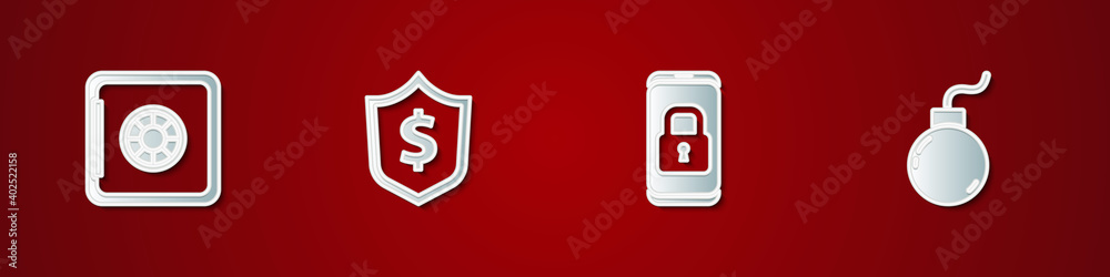 Set Safe, Shield with dollar, Mobile closed padlock and Bomb ready to explode icon. Vector. Set Safe, Shield with dollar, Mobile closed padlock and Bomb ready to explode icon. Vector.