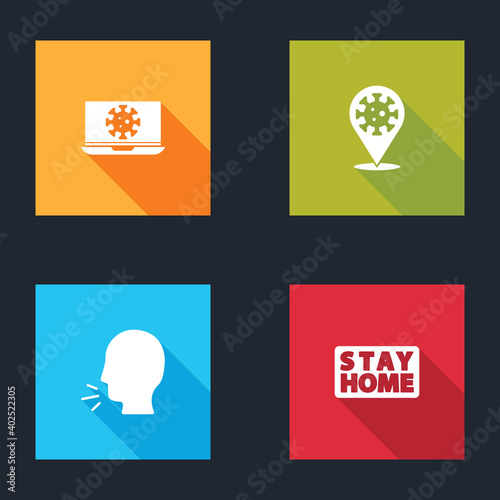Set Virus statistics on laptop, Corona virus 2019-nCoV location, Man coughing and Stay home icon. Vector.