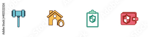Free Download Set Judge gavel, Fire in burning house, Document with shield and Wallet icon. Vector. - GFXLoad