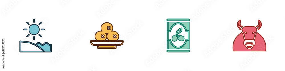 Set Beach, Olives on plate, in can and Bull icon. Vector. Set Beach, Olives on plate, in can and Bull icon. Vector.