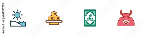 Set Beach, Olives on plate, in can and Bull icon. Vector.