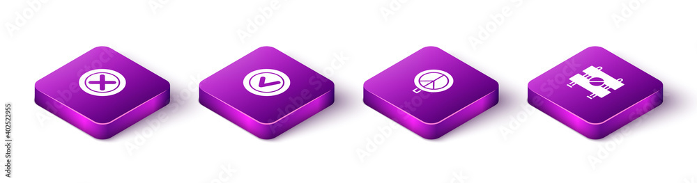Set Isometric X Mark, Cross in circle, Check mark round, Peace and Road barrier icon. Vector. Set Isometric X Mark, Cross in circle, Check mark round, Peace and Road barrier icon. Vector.
